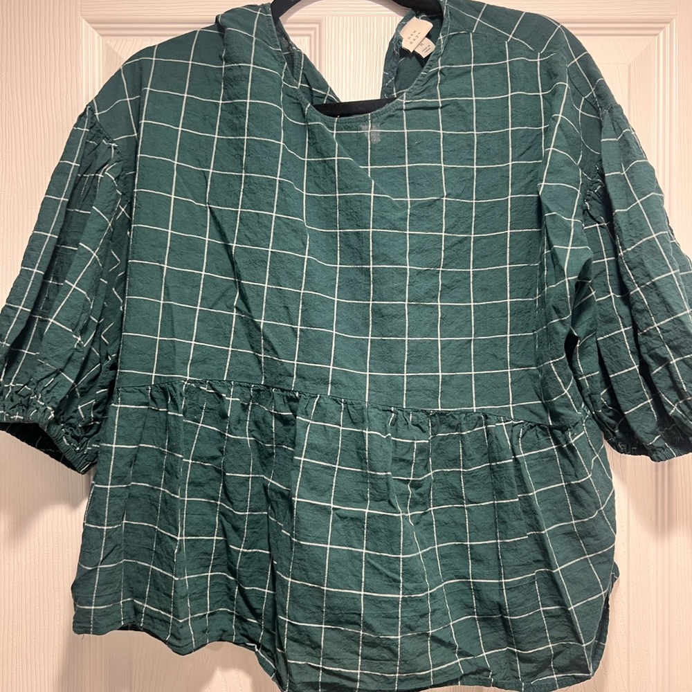 A New Day Green Puff Sleeve Peplum Blouse